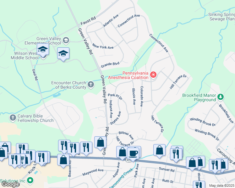 map of restaurants, bars, coffee shops, grocery stores, and more near 1 Pacific Avenue in Sinking Spring