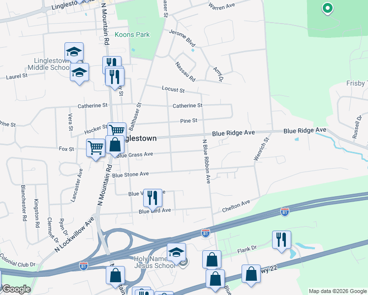 map of restaurants, bars, coffee shops, grocery stores, and more near 6212 Blue Grass Avenue in Harrisburg