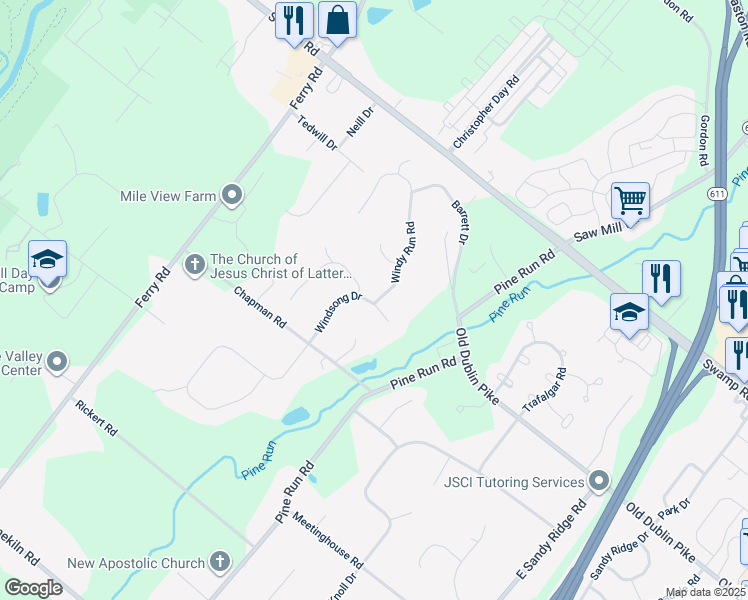 map of restaurants, bars, coffee shops, grocery stores, and more near 301 Windy Run Road in Doylestown