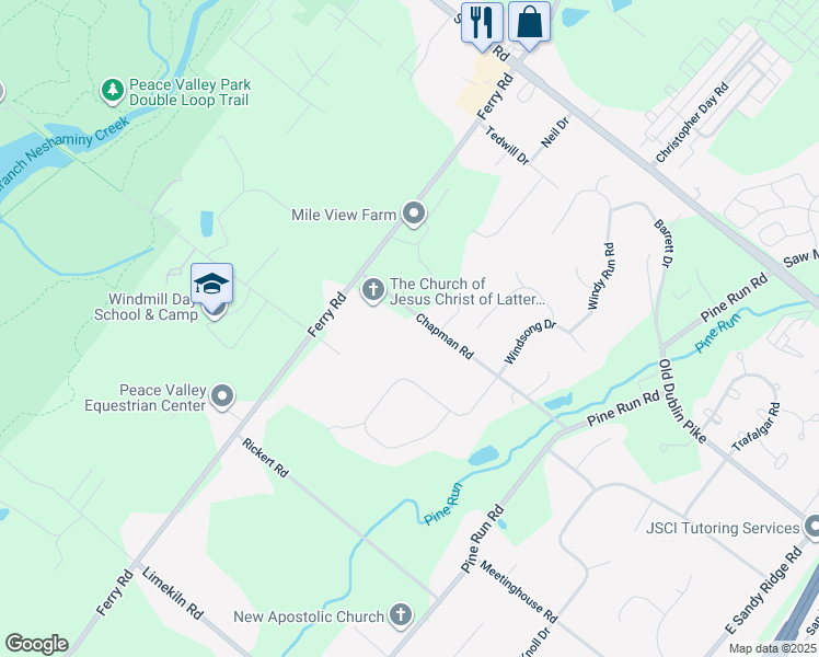 map of restaurants, bars, coffee shops, grocery stores, and more near 114 North Chapman Road in Doylestown
