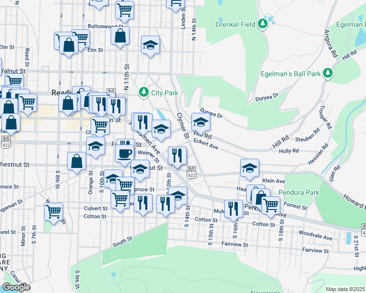 map of restaurants, bars, coffee shops, grocery stores, and more near 134 Clymer Street in Reading