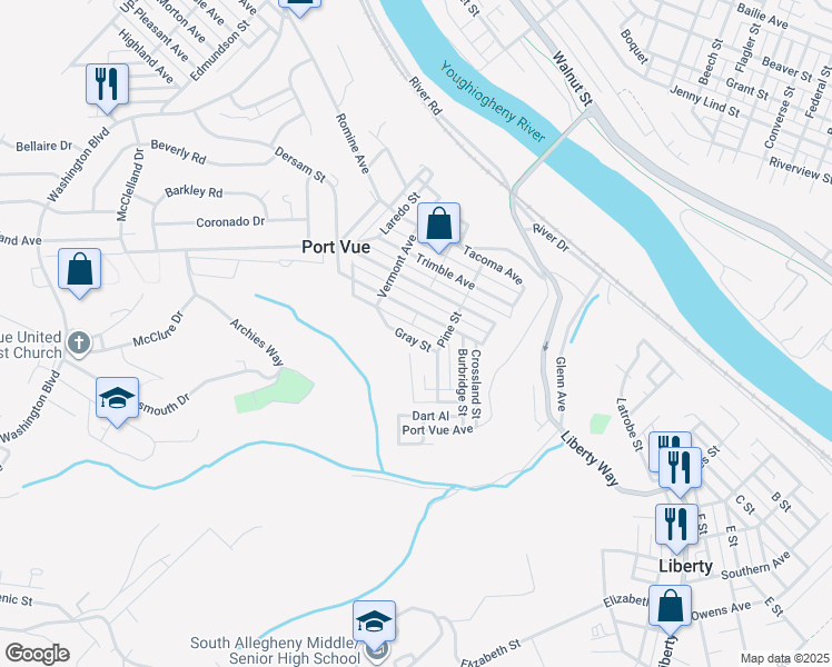 map of restaurants, bars, coffee shops, grocery stores, and more near 1810 Myer Avenue in McKeesport