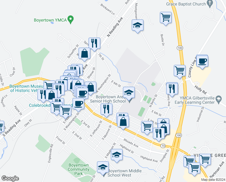 map of restaurants, bars, coffee shops, grocery stores, and more near 11 Stauffer Drive in Boyertown