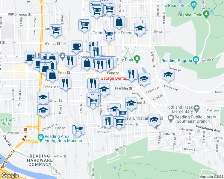 map of restaurants, bars, coffee shops, grocery stores, and more near 1004 Franklin Street in Reading