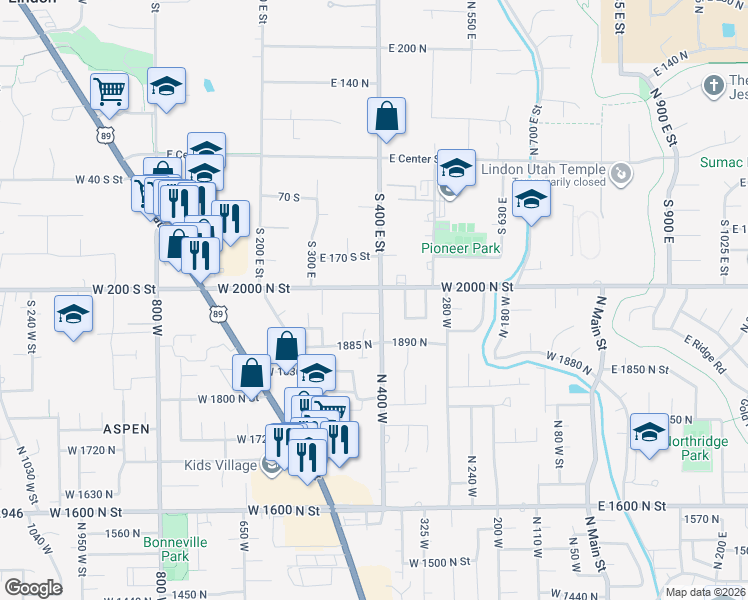 map of restaurants, bars, coffee shops, grocery stores, and more near 1987 North 400 West in Orem