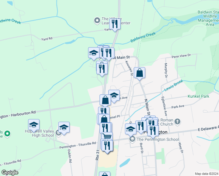 map of restaurants, bars, coffee shops, grocery stores, and more near 18 Cannon Drive in Pennington