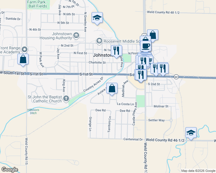 map of restaurants, bars, coffee shops, grocery stores, and more near 502 Pebble Beach Avenue in Johnstown