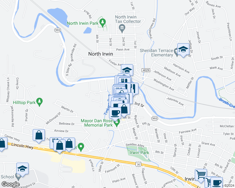 map of restaurants, bars, coffee shops, grocery stores, and more near 126 Western Avenue in Irwin
