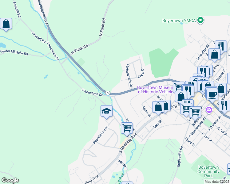 map of restaurants, bars, coffee shops, grocery stores, and more near 445 West Philadelphia Avenue in Boyertown