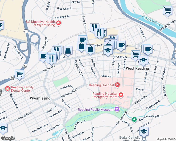 map of restaurants, bars, coffee shops, grocery stores, and more near 935 Wayne Avenue in Wyomissing