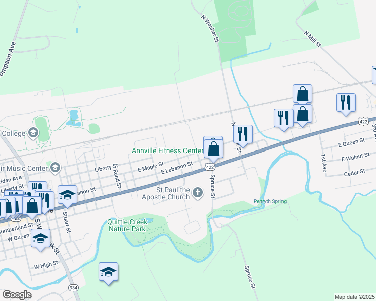 map of restaurants, bars, coffee shops, grocery stores, and more near 705 East Maple Street in Annville