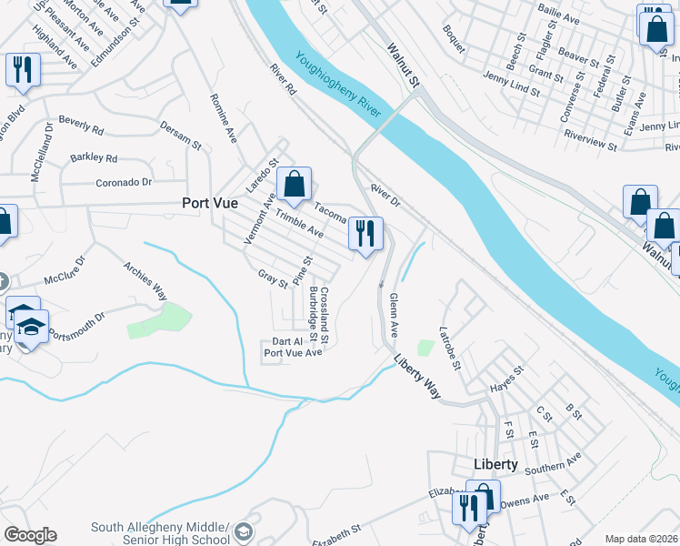 map of restaurants, bars, coffee shops, grocery stores, and more near 504 Crossland Street in McKeesport
