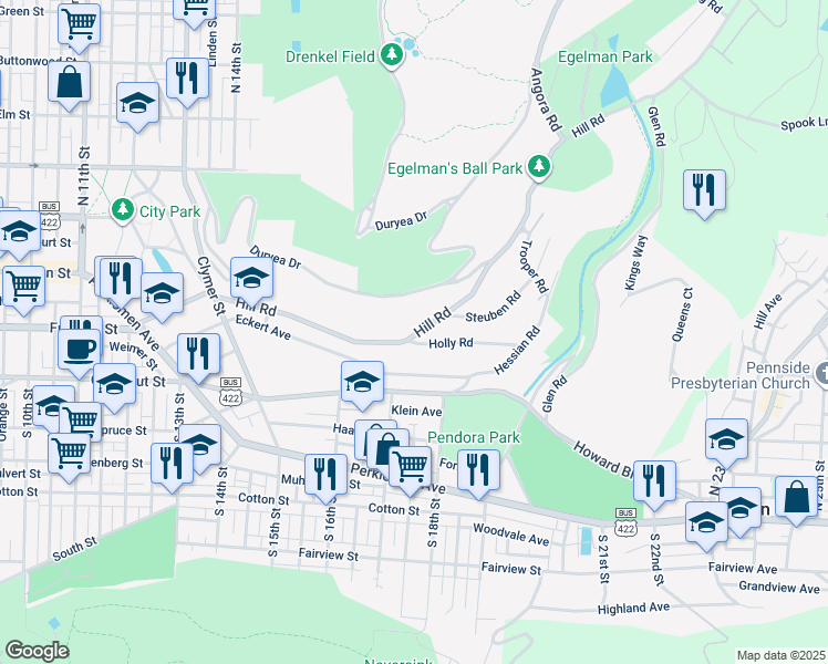 map of restaurants, bars, coffee shops, grocery stores, and more near 1712 Hill Road in Reading
