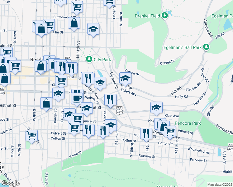 map of restaurants, bars, coffee shops, grocery stores, and more near 134 Clymer Street in Reading