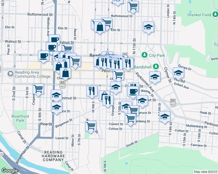 map of restaurants, bars, coffee shops, grocery stores, and more near 918 Franklin Street in Reading