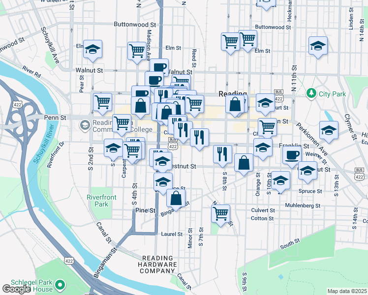 map of restaurants, bars, coffee shops, grocery stores, and more near 610 Franklin Street in Reading
