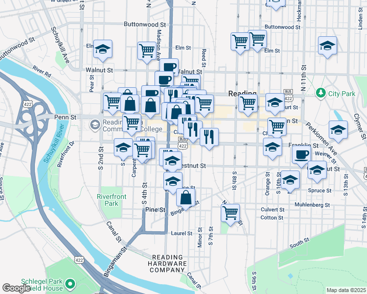 map of restaurants, bars, coffee shops, grocery stores, and more near 522 Franklin Street in Reading