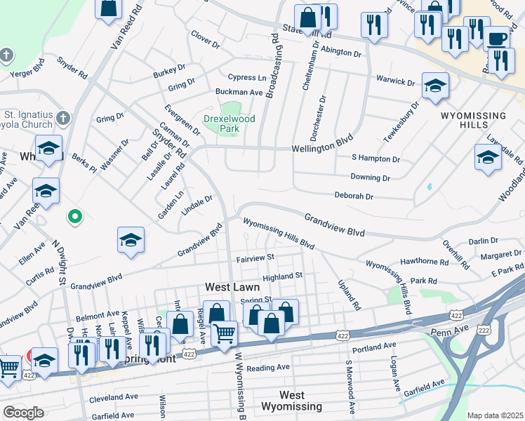 map of restaurants, bars, coffee shops, grocery stores, and more near 114 Grandview Boulevard in Reading