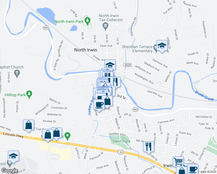 map of restaurants, bars, coffee shops, grocery stores, and more near 205 Main Street in Irwin