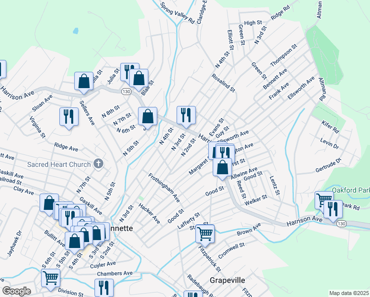 map of restaurants, bars, coffee shops, grocery stores, and more near 501 Second Street North in Jeannette
