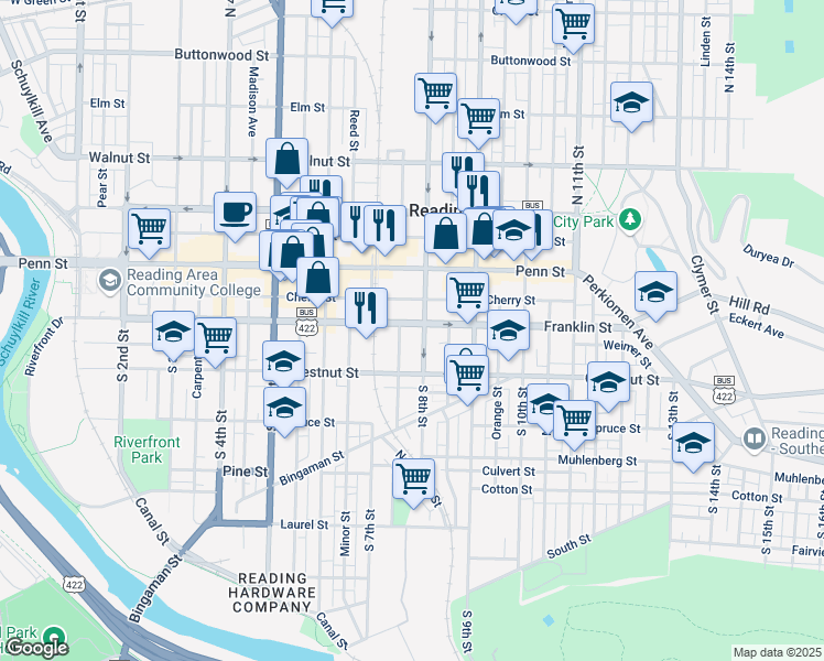 map of restaurants, bars, coffee shops, grocery stores, and more near 738 Franklin Street in Reading
