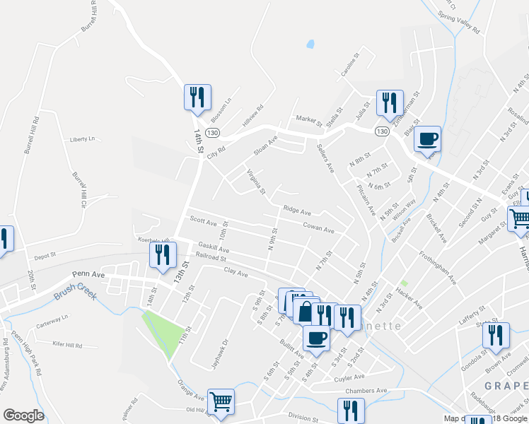 map of restaurants, bars, coffee shops, grocery stores, and more near 911 Cowan Avenue in Jeannette