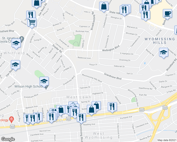 map of restaurants, bars, coffee shops, grocery stores, and more near 114 Grandview Boulevard in Reading