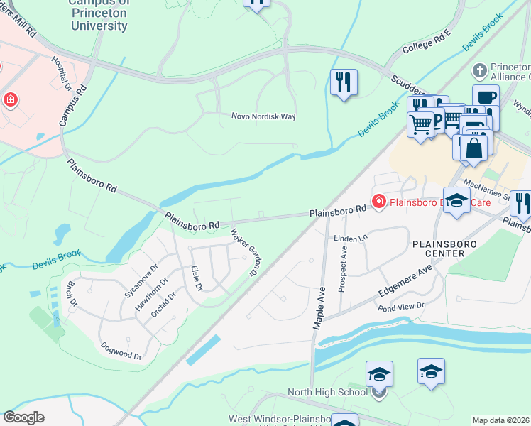 map of restaurants, bars, coffee shops, grocery stores, and more near 339 Plainsboro Road in Middlesex County