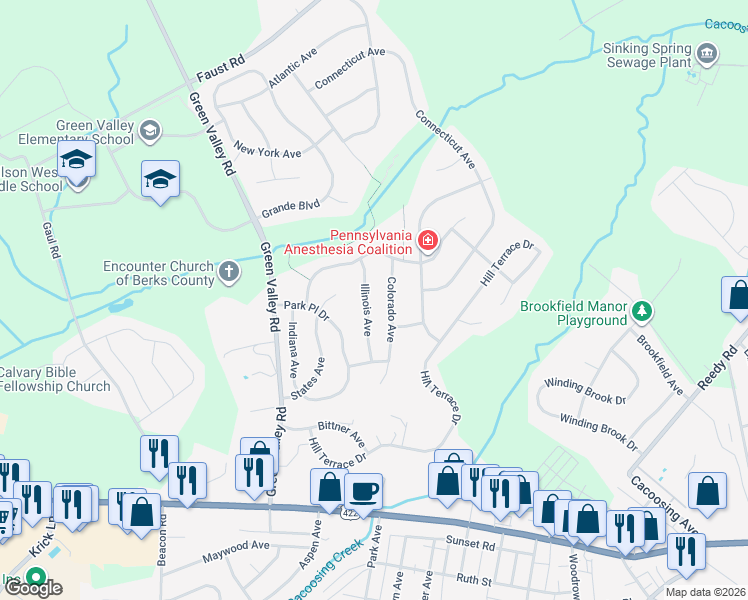 map of restaurants, bars, coffee shops, grocery stores, and more near 11 Illinois Avenue in Sinking Spring