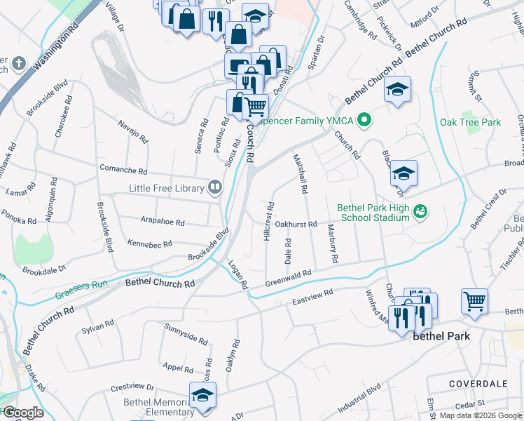 map of restaurants, bars, coffee shops, grocery stores, and more near 3038 Hillcrest Rd in Bethel Park