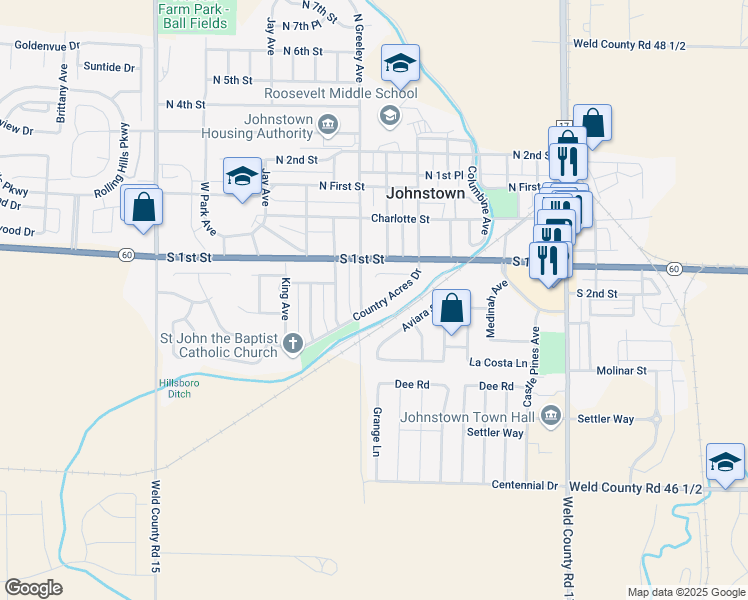 map of restaurants, bars, coffee shops, grocery stores, and more near 713 Country Acres Drive in Johnstown