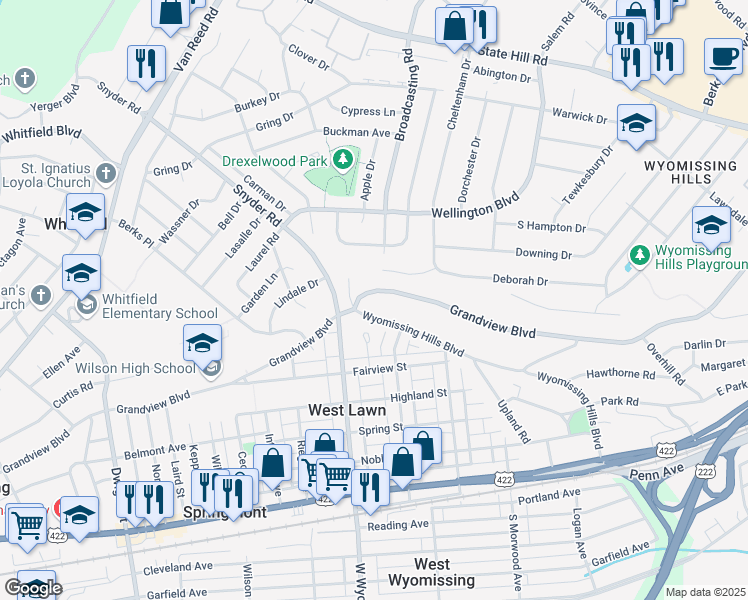 map of restaurants, bars, coffee shops, grocery stores, and more near 118 Grandview Boulevard in Reading