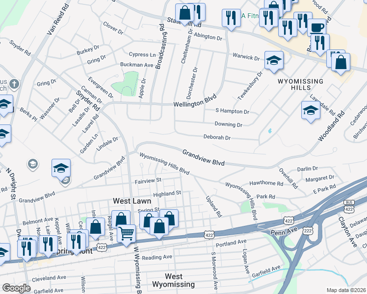 map of restaurants, bars, coffee shops, grocery stores, and more near 101 Grandview Boulevard in Reading