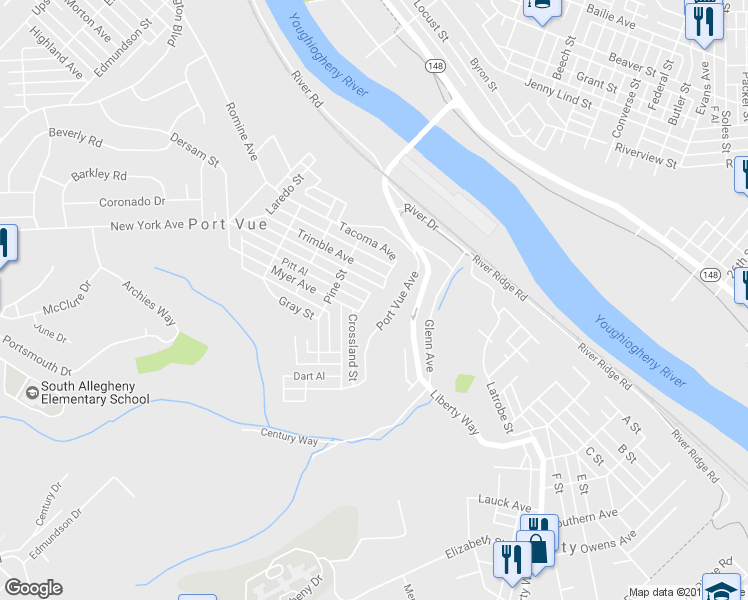 map of restaurants, bars, coffee shops, grocery stores, and more near 504 Crossland Street in McKeesport