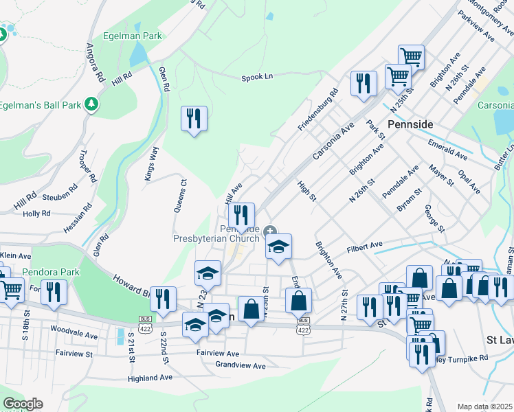 map of restaurants, bars, coffee shops, grocery stores, and more near 342 Carsonia Avenue in Mount Penn