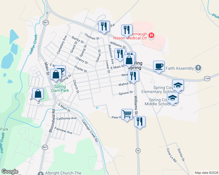 map of restaurants, bars, coffee shops, grocery stores, and more near 728-32 Walnut Street in Roaring Spring