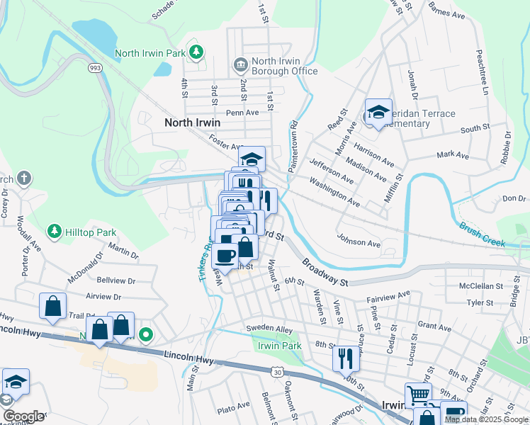 map of restaurants, bars, coffee shops, grocery stores, and more near 305 2nd Street in Irwin