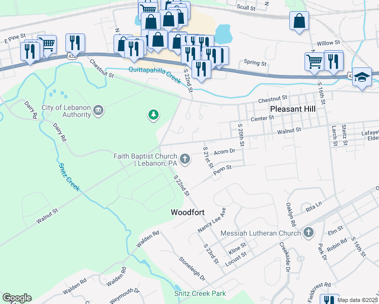 map of restaurants, bars, coffee shops, grocery stores, and more near 2139 Acorn Court in Lebanon