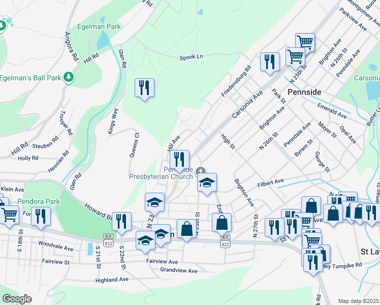 map of restaurants, bars, coffee shops, grocery stores, and more near 342 Carsonia Avenue in Mount Penn