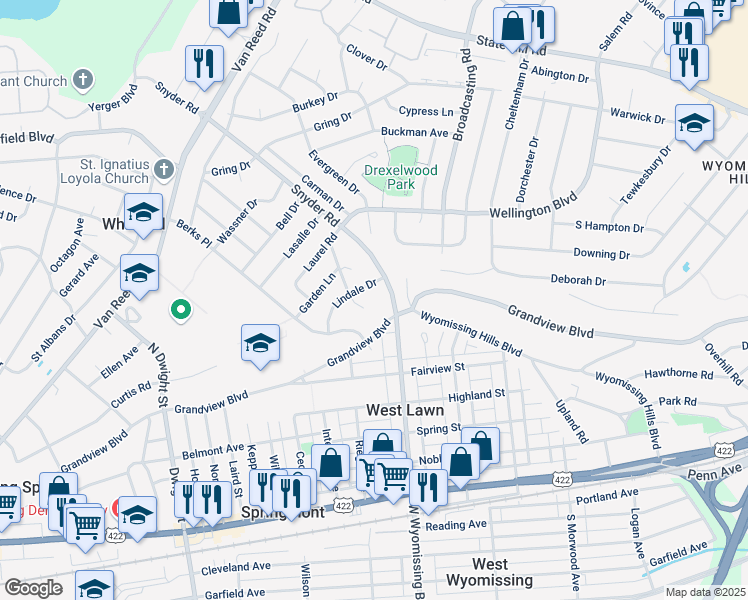 map of restaurants, bars, coffee shops, grocery stores, and more near 505 Kutz Court in Reading