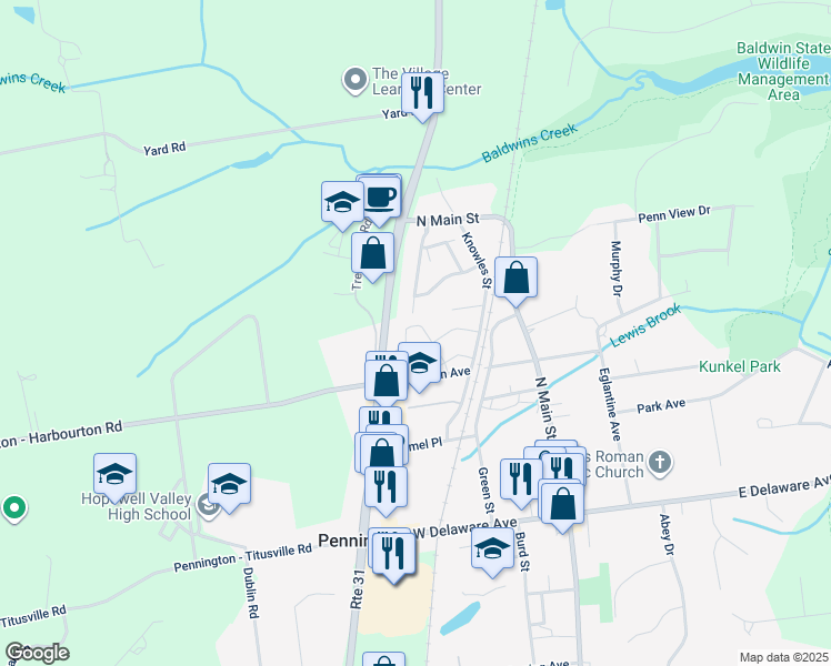 map of restaurants, bars, coffee shops, grocery stores, and more near 18 Cannon Drive in Pennington