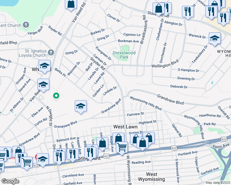map of restaurants, bars, coffee shops, grocery stores, and more near 505 Kutz Court in Reading