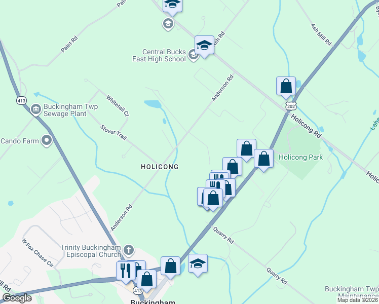 map of restaurants, bars, coffee shops, grocery stores, and more near 5025 Anderson Road in Doylestown