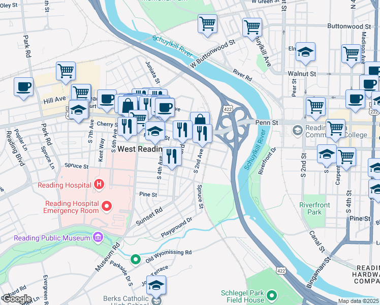 map of restaurants, bars, coffee shops, grocery stores, and more near 118 Yarnell Street in West Reading