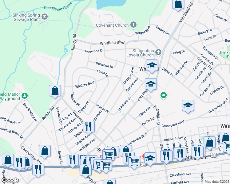 map of restaurants, bars, coffee shops, grocery stores, and more near 3020 Merritt Parkway in Sinking Spring