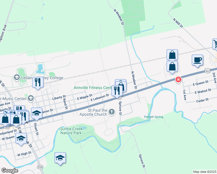 map of restaurants, bars, coffee shops, grocery stores, and more near 763 East Maple Street in Annville