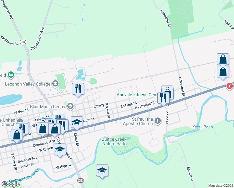 map of restaurants, bars, coffee shops, grocery stores, and more near 102 Northview Drive in Annville