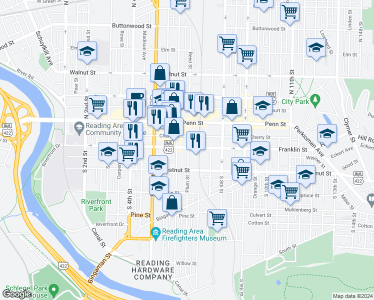 map of restaurants, bars, coffee shops, grocery stores, and more near 622 Franklin Street in Reading