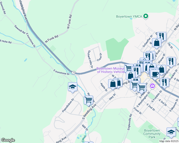 map of restaurants, bars, coffee shops, grocery stores, and more near 415 W Philadelphia Ave in Boyertown