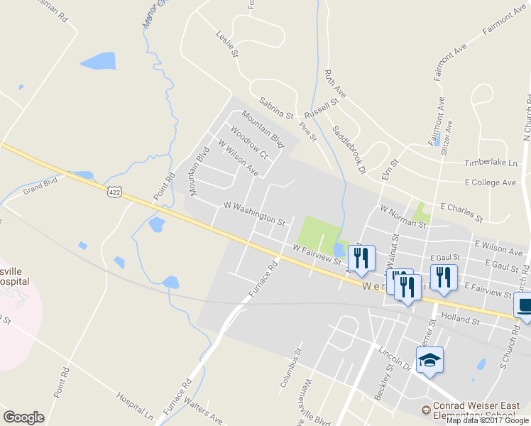map of restaurants, bars, coffee shops, grocery stores, and more near 105 North Pearl Street in Reading